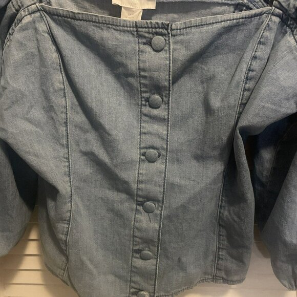 NWT H&M Off The Shoulder Blue Crop Top Chambray Denim Puff Sleeve Women's M - Picture 2 of 6